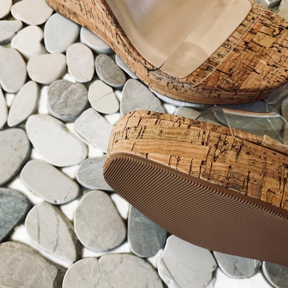 NEW Transparent Clear Dual Strap Cork Platform Wedge Heel Slide Sandals Open Toe - Picture 7 of 7